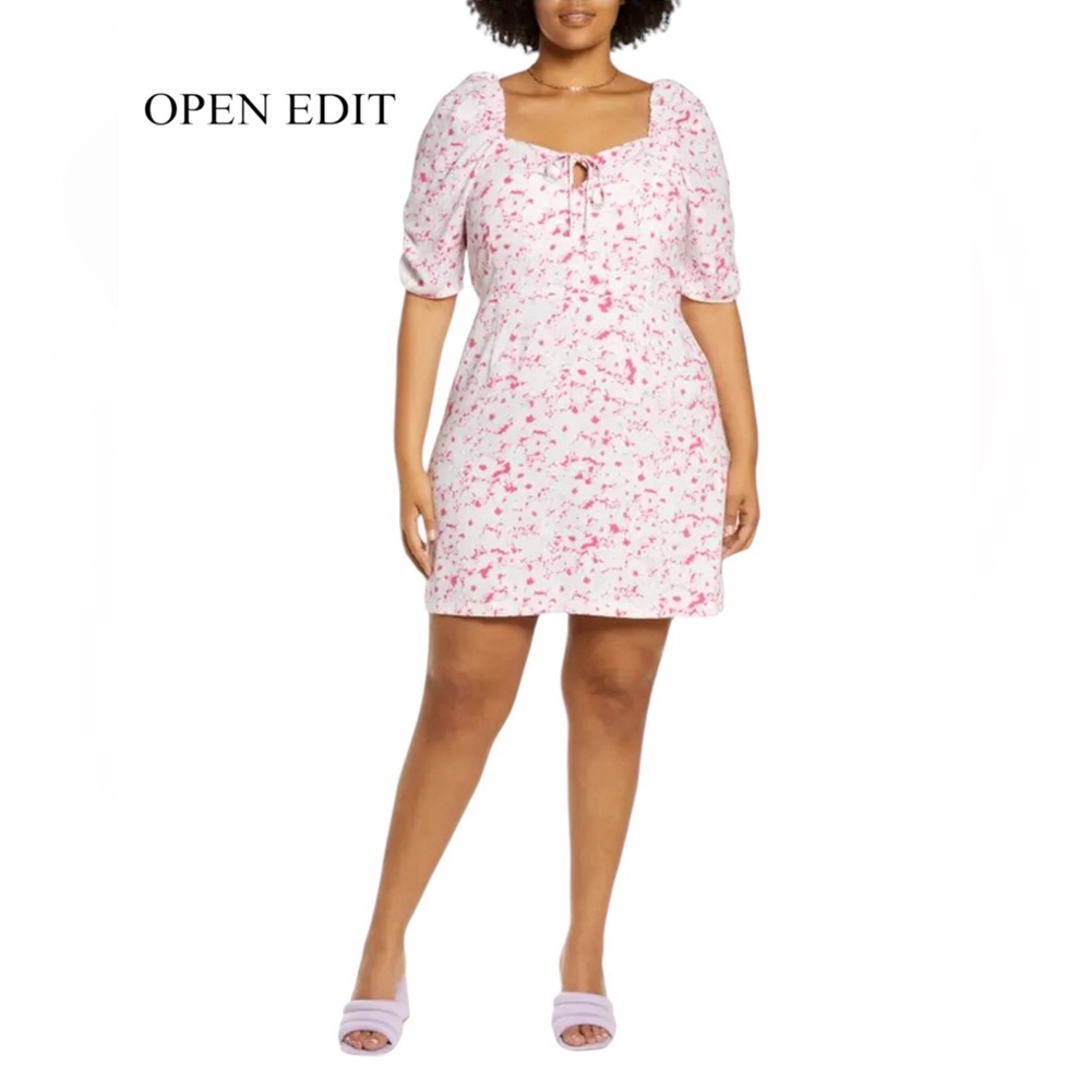 Open Edit EUC Smocked Squareneck Tie Front Dress Size 2x Pink Floral